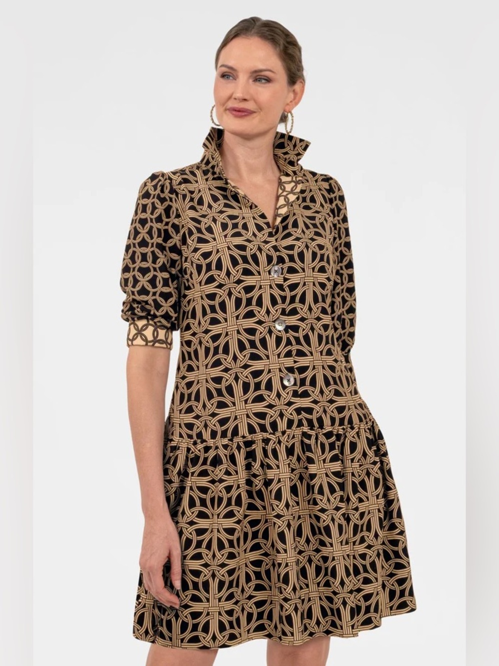 NWT Gretchen Scott‎ Designs Black & Tan Geometric Button-Front Dress